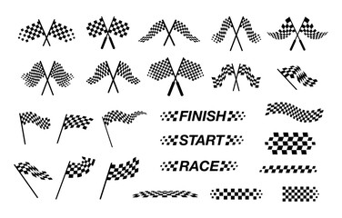 Checkered race flag. Racing flags. Speed, victory, car, motorsports competition symbols. Start and finish line. Black and white squares, crossed effects for championship. Vector set