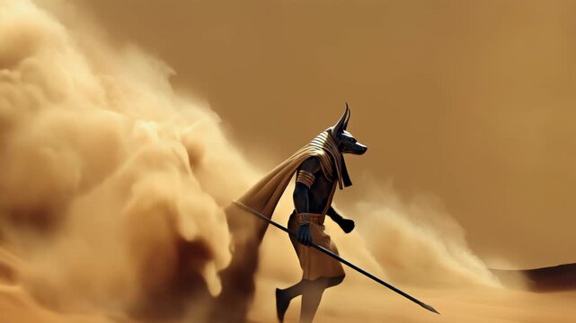 Ancient guardian Anubis stands in a desert landscape, embodying power and mystery amidst swirling sand clouds