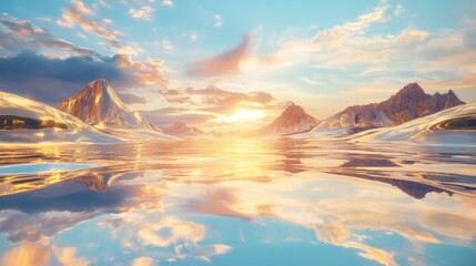 Golden sunset reflecting on a placid mountain lake.