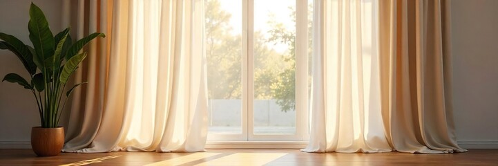 Elegant sheer curtains gently billowing in a soft breeze, filtering sunlight through a large window, creating a calm and serene atmosphere in a bright room , beige curtains, daytime