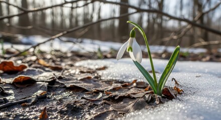 Snowdrop's Delicate Bloom Amidst Melting Snow and Frosty Leaves in Early Spring