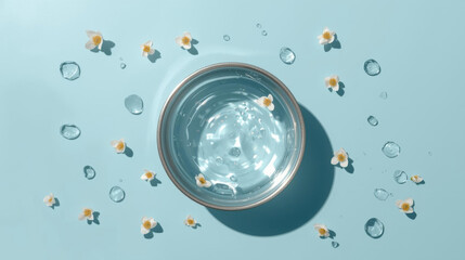 Bowl of water surrounded by small flowers and water droplets on light blue background