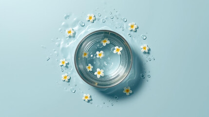 Glass of water with floating flowers creates serene and refreshing scene