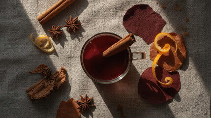 Warm cup of mulled wine with cinnamon sticks, star anise, and citrus peel on textured fabric evokes cozy autumn vibes