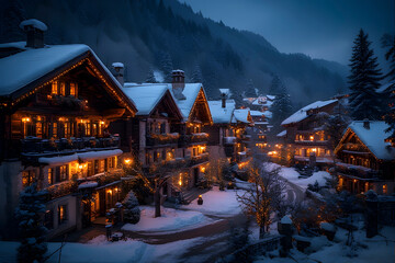 Fototapeta premium ia generated. Alpine village decorated with Christmas lights, snow on rooftops, dusk blue hour, ultra-detailed 