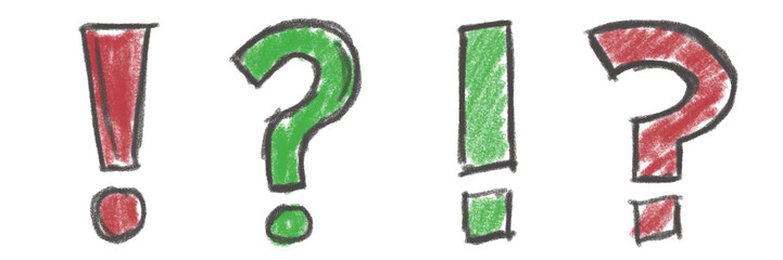 illustration: hand drawn question mark and exclamation mark in green and red collection isolated on white or transparent png