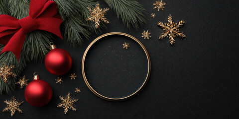 Festive Christmas scene with red ornaments, gold snowflakes, and pine branches on black background, creating warm holiday atmosphere