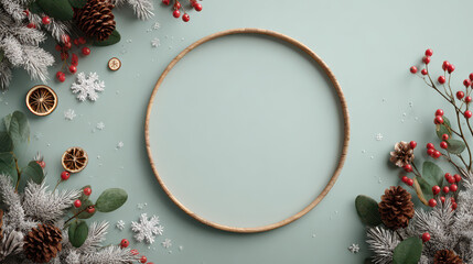 Circular wooden frame is surrounded by festive decorations including pinecones, red berries, and snowflakes on light green background, creating holiday themed arrangement