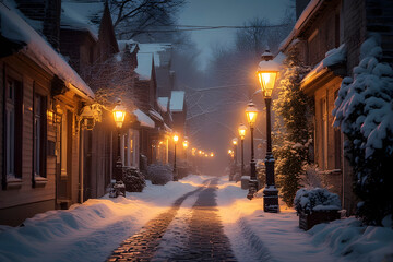 ia generated. Narrow cobblestone street covered in snow, old-fashioned lampposts glowing warmly, romantic atmosphere