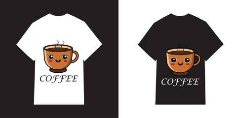 Vector illustration of a cartoon character coffee cup on black and white t-shirt