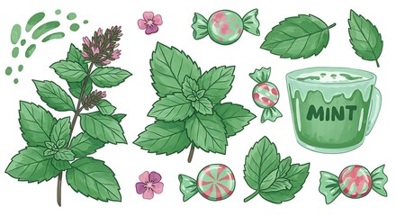 Obraz premium Watercolor Mint Plant and Tea Illustration Set.