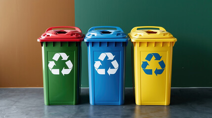 Collection of waste bins full of different types of garbage, recycling and separate waste collection concept