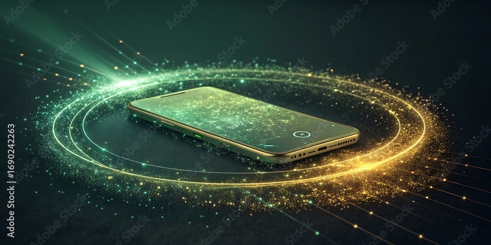 Poster futuristic smartphone emitting glowing particles in a circular energy field, representing advanced t