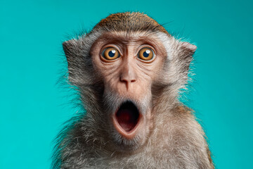 Obraz premium Surprised monkey with wide eyes and open mouth against a bright blue background
