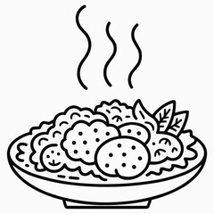 Outline illustration of a steaming bowl of food, appetizing, culinary art, simple design