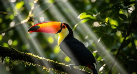 Radiant Toucan: A Ramphastos sulfuratus Perched in Sunlit Rainforest Canopy