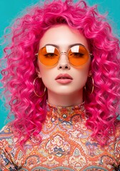 Fototapeta premium woman, face, beauty, hair, fashion, wig,Bright makeup, pink lips, confident smile suggest fun, fashionable, glamorous personality. Aqua blue background enhances