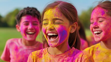 Joyful Group of Young People Laughing While Smearing Vibrant Colors During a Fun Outdoor Activity