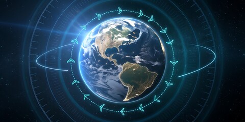 Obraz premium Digital representation of earth with orbiting satellites and data streams, illustrating global connectivity and technology.