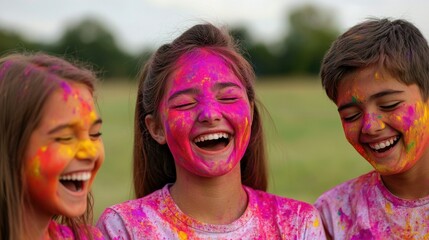 Group of Young People Laughing While Smearing Vibrant Colors on Each Other in Outdoor Setting