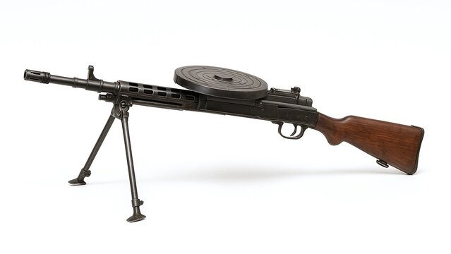 Side View of DP-28 Light Machine Gun on Bipod, White Background