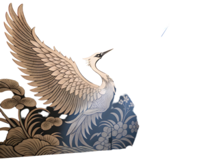 Illuminated Korean crane bird with outstretched wings on floral rock spotlight