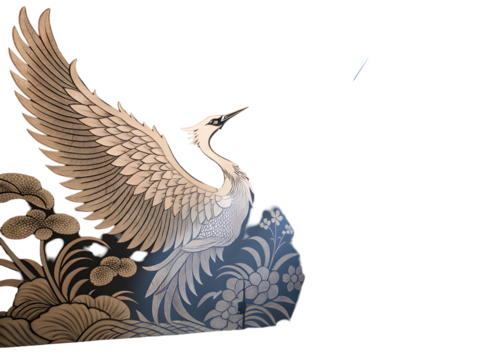 Illuminated Korean crane bird with outstretched wings on floral rock spotlight