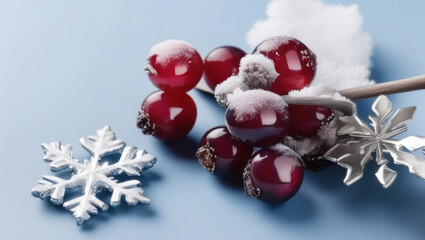 Frosted red berries and silver snowflakes on light blue background create festive winter scene