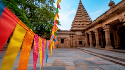 Serene Temple Courtyard Decorated with Colorful Flags under a Clear Blue Sky