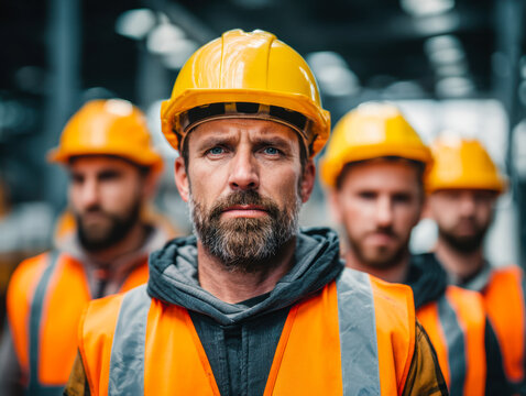 Focused construction workers wearing yellow safety helmets and reflective orange vests standing together inside an industrial worksite with intense expressions