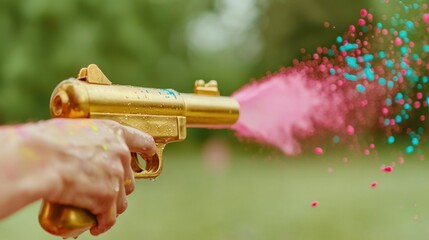 Playful Water Fight Moment with Brass Water Gun Splashing Colorful Liquid Outdoors