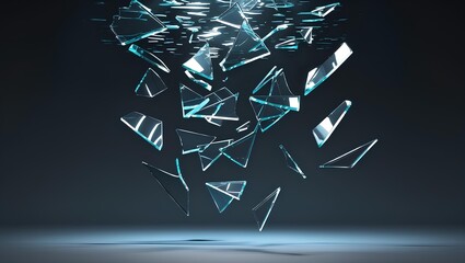 flat design art of floating glass shards suspended in a dark