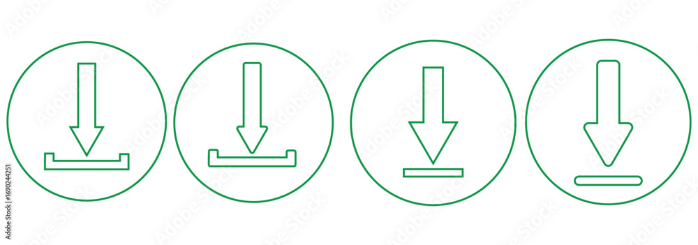 Aufkleber download icon set featuring different styles and colors. perfect for file download, data transfer, a