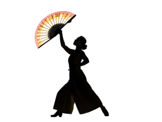 Silhouette of dancer with illuminated fan against black background light