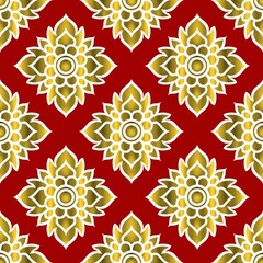 Traditional Thai Golden Motif seamless pattern on Red Background.