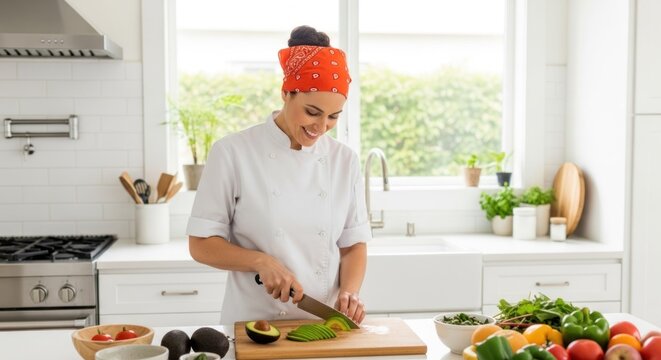 A woman in a white chef's uniform cutting vegetables in a kitchen with a window and white tile backsplash.