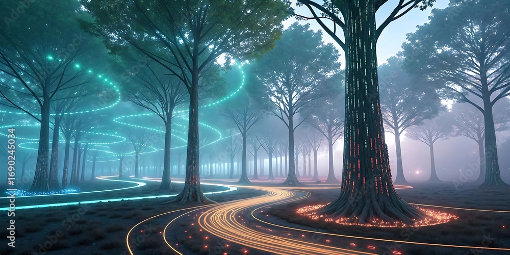Poster futuristic forest with glowing digital pathways and trees, representing technology and nature integr