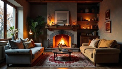 Fototapeta premium Cozy living room interior with fireplace, comfortable sofa, and warm lighting, creating a relaxing atmosphere Perfect for autumn or winter settings , interior, wood