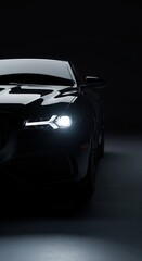 Naklejka premium Futuristic luxury car front view, illuminated headlights glowing in the dark, glossy black paint reflecting minimal light, sleek aerodynamic design, luxury car. High quality