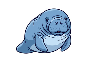 A Whimsical Cartoon Illustration of a Gentle Manatee in a Serene Blue Hue