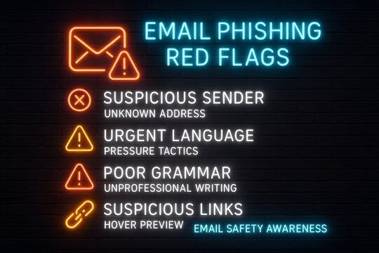 Email Phishing Red Flags with Glowing Security Warning Signs for Cyber Safety Education