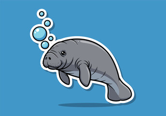 Adorable gray manatee swimming with bubbles on a blue background. Cute cartoon sea cow vector illustration for a sticker, mascot, or logo design