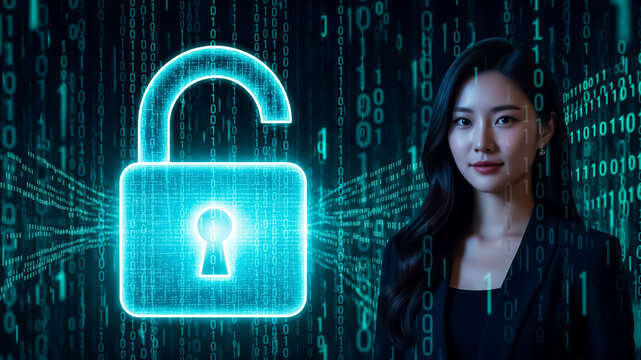 Woman with padlock cyber security and binary code