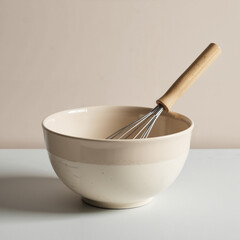 Empty mixing bowl with a whisk on a plain background, ideal for cooking and baking