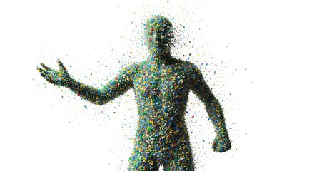 Fototapeta premium Human figure sculpture made from recycled plastic waste on white background. Environmental concept for ecological awareness.