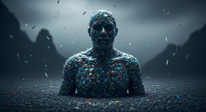 Humanoid figure made from plastic waste stands in a vast junkyard. Environmental pollution and recycling concept. - Powered by Adobe