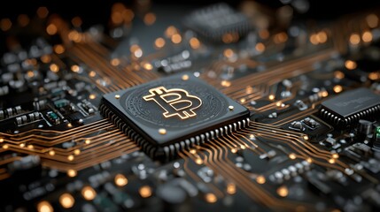 Close up of bitcoin symbol on a computer chip with glowing circuits
