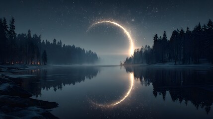 Mystical crescent moon glowing over a serene lake reflecting the starry night sky