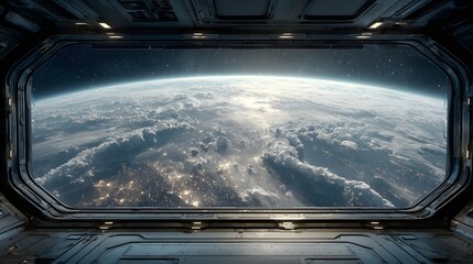 Obraz premium View of earth from a spaceship window with city lights visible