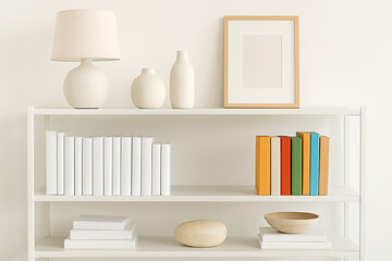 White shelving unit displaying decorative objects and books in a minimalist style isolated on a transparent background